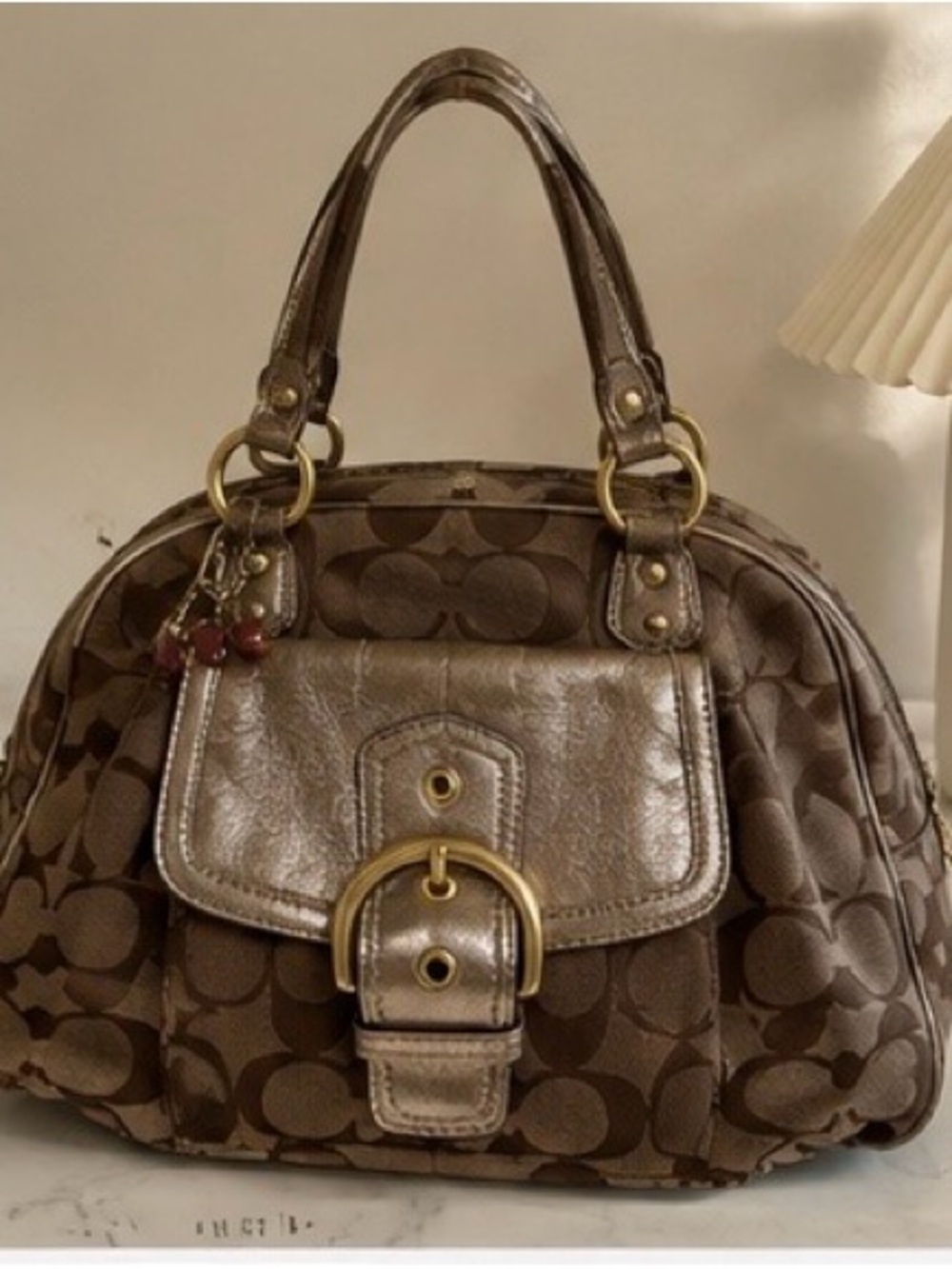 Coach Brown Signature Dome Satchel with Metallic Trim